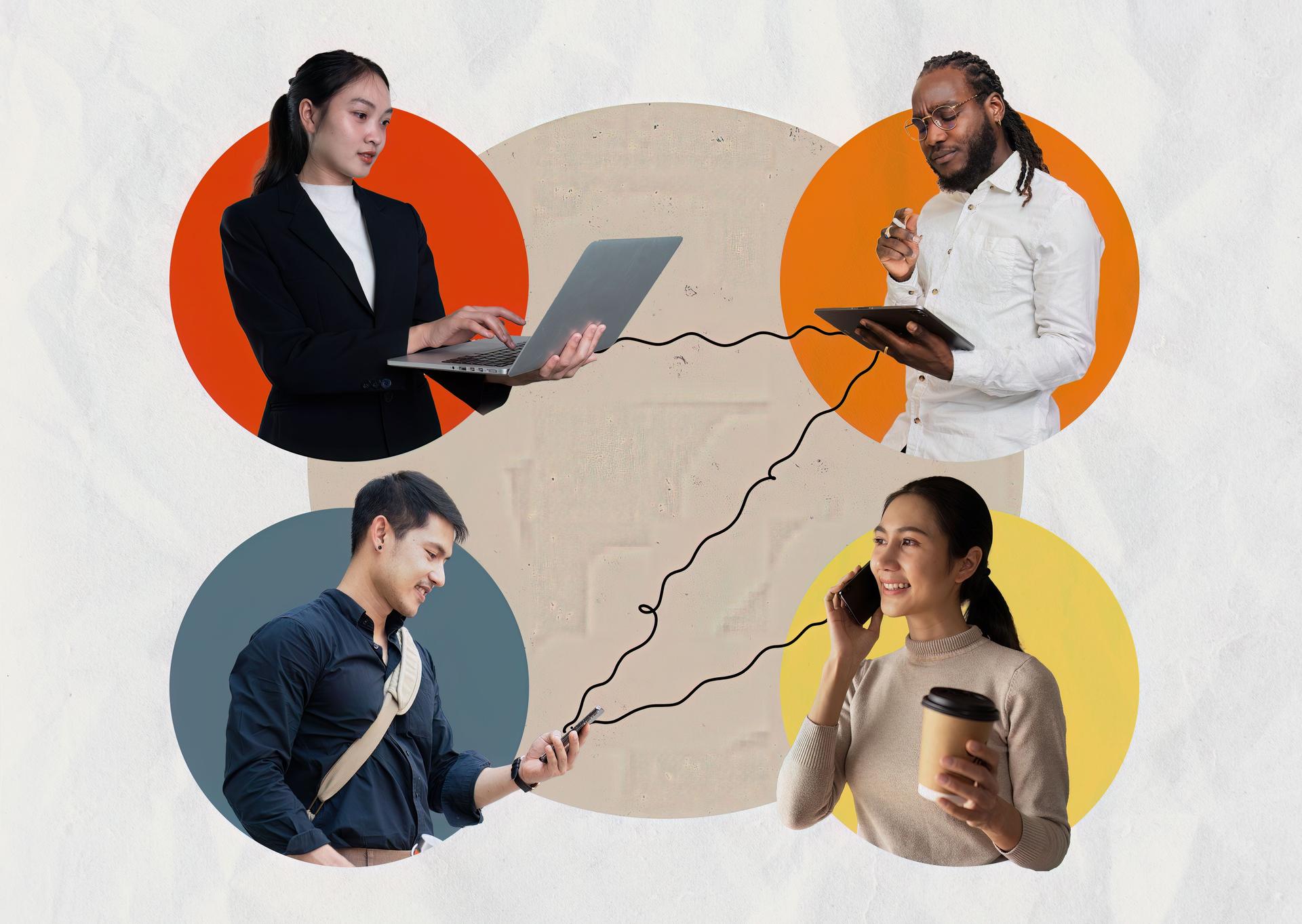 Photo collage of people diversity group communicating modern technologies isolated beige color background, Groupd of people, business partners communicating via Internet stock photo